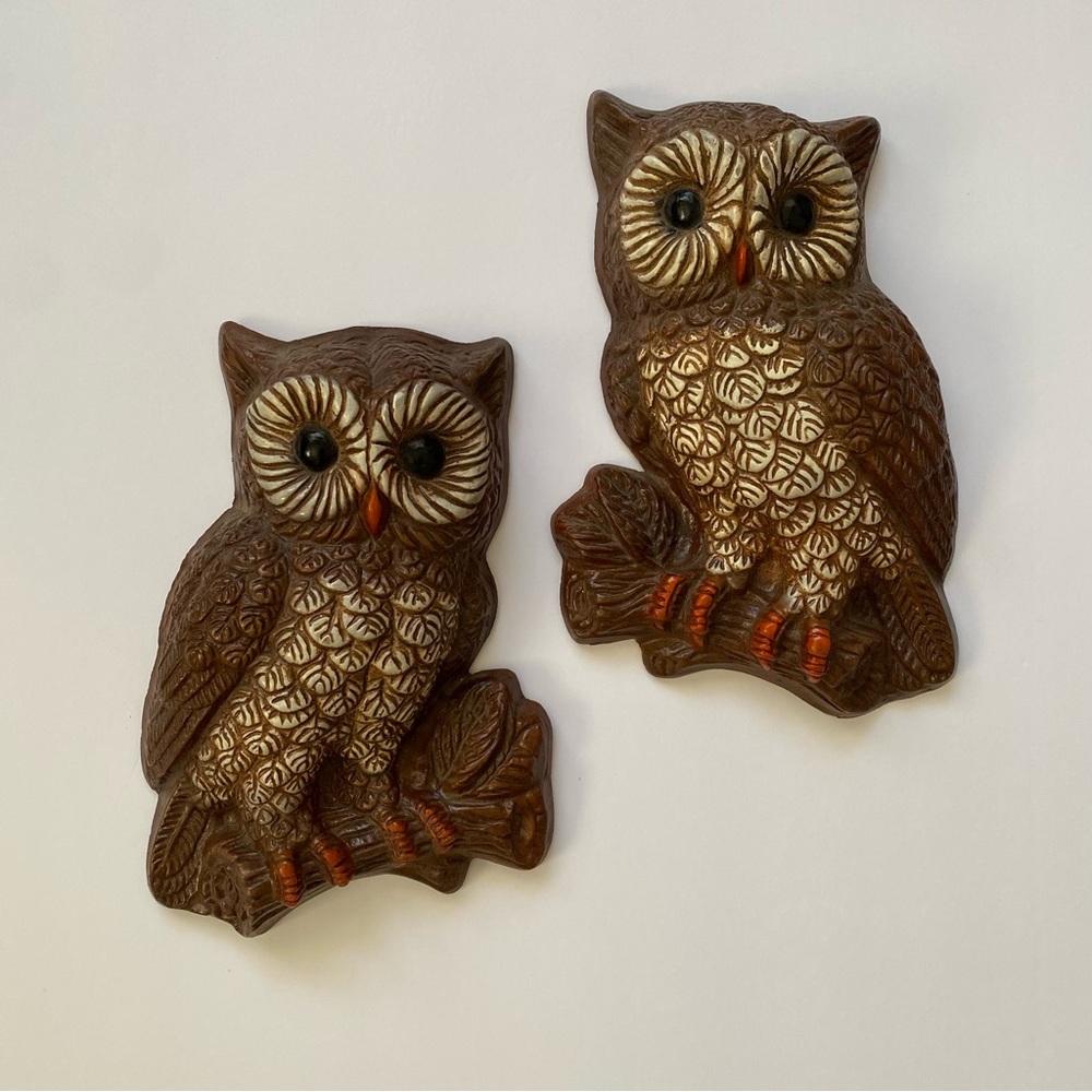 Homco Brown and Cream Owl Pair Wall Art